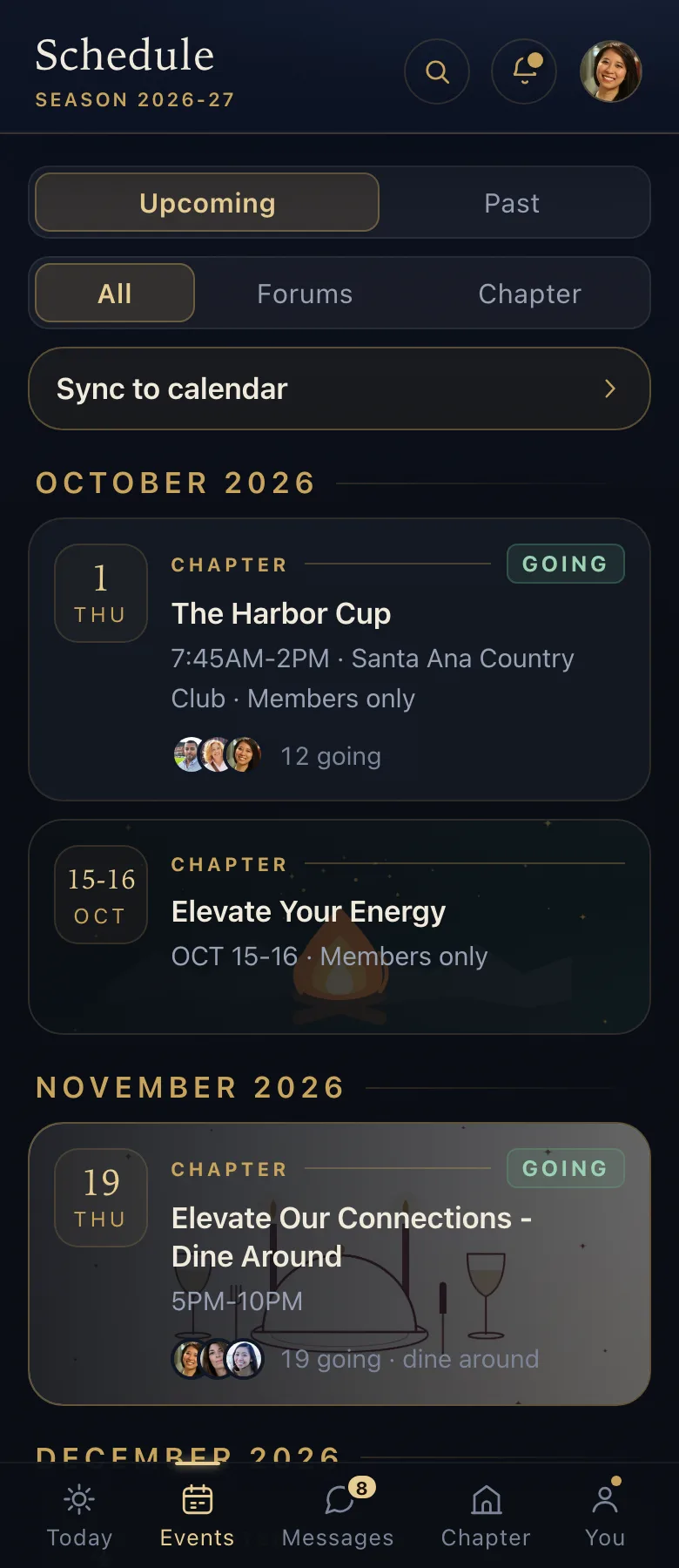 The Schedule - the season's events with artwork, hosts, going chips