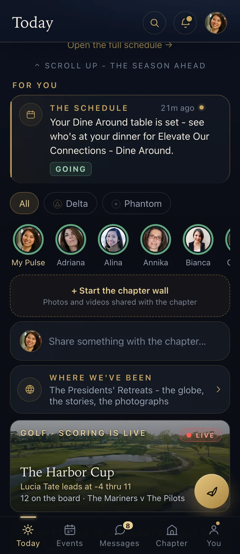 A member's Today screen: what is new for them, the chapter's faces, the chapter's past retreats and the next event