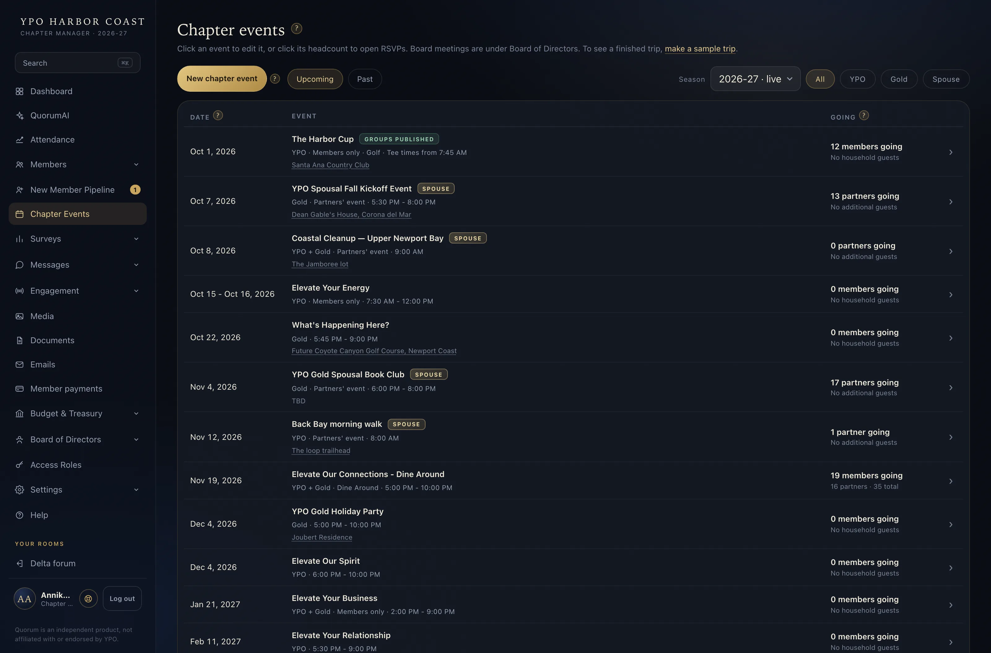 Chapter events: the season one row a night, each with who is invited, the venue and a live count of who is going