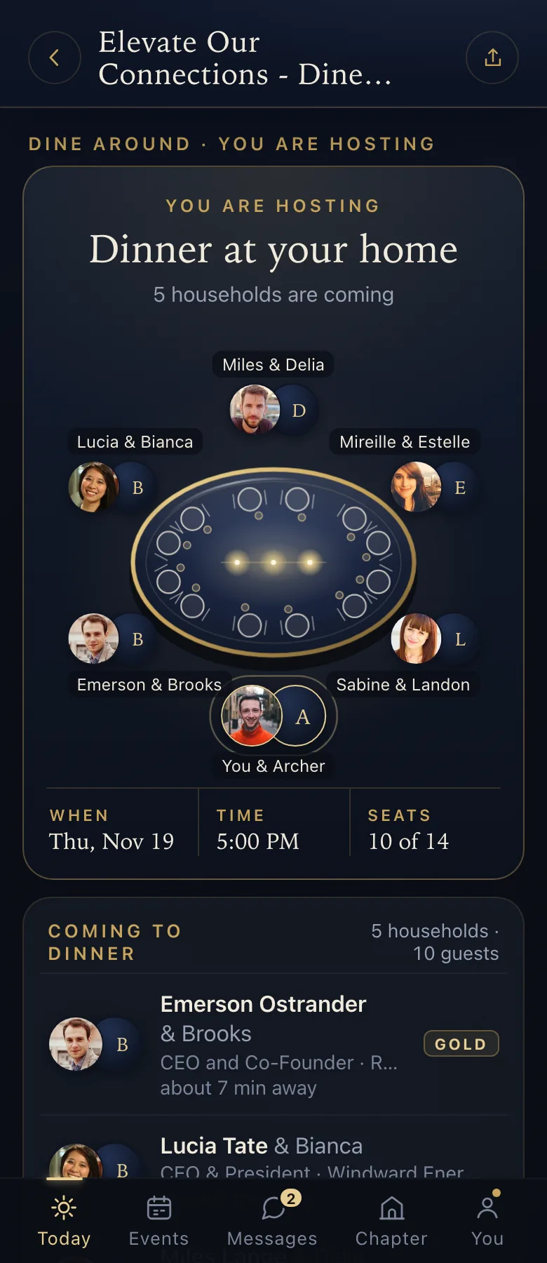 The host's Dine Around page: their table drawn from above with every household in its place, the night's time and seats, and the guests coming to dinner