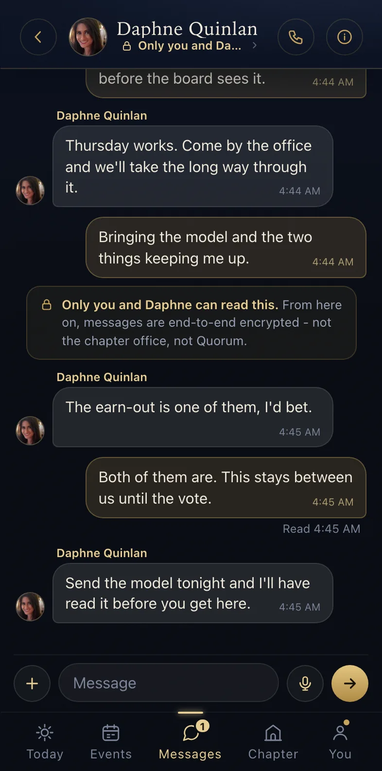 A direct message after it turned end-to-end: the line that says messages from here on are encrypted, not the chapter office and not Quorum, and the lock beside the name in the header