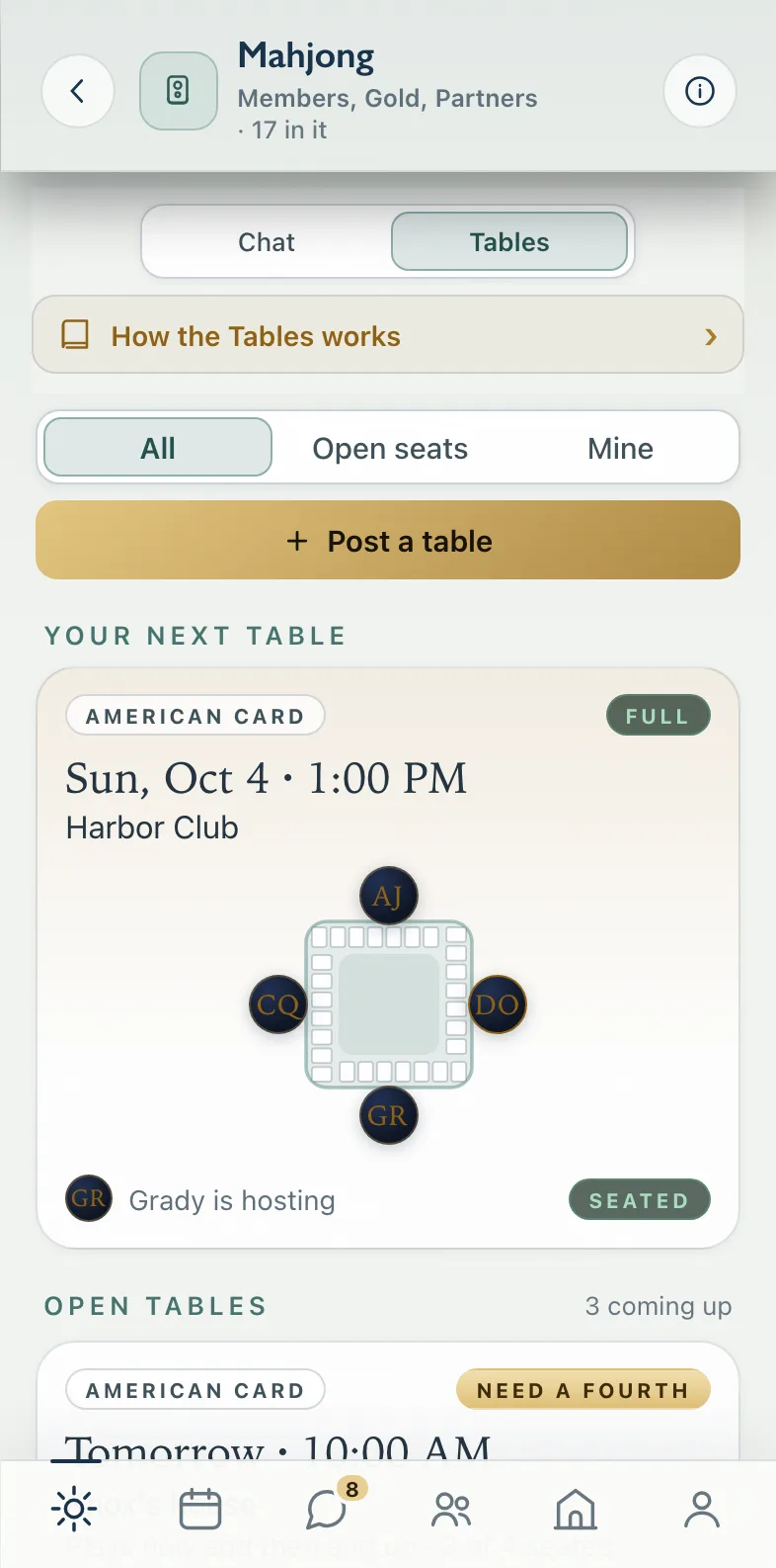 Mahjong on the Wing - the board of tables, with the one you are seated at and a table that needs a fourth